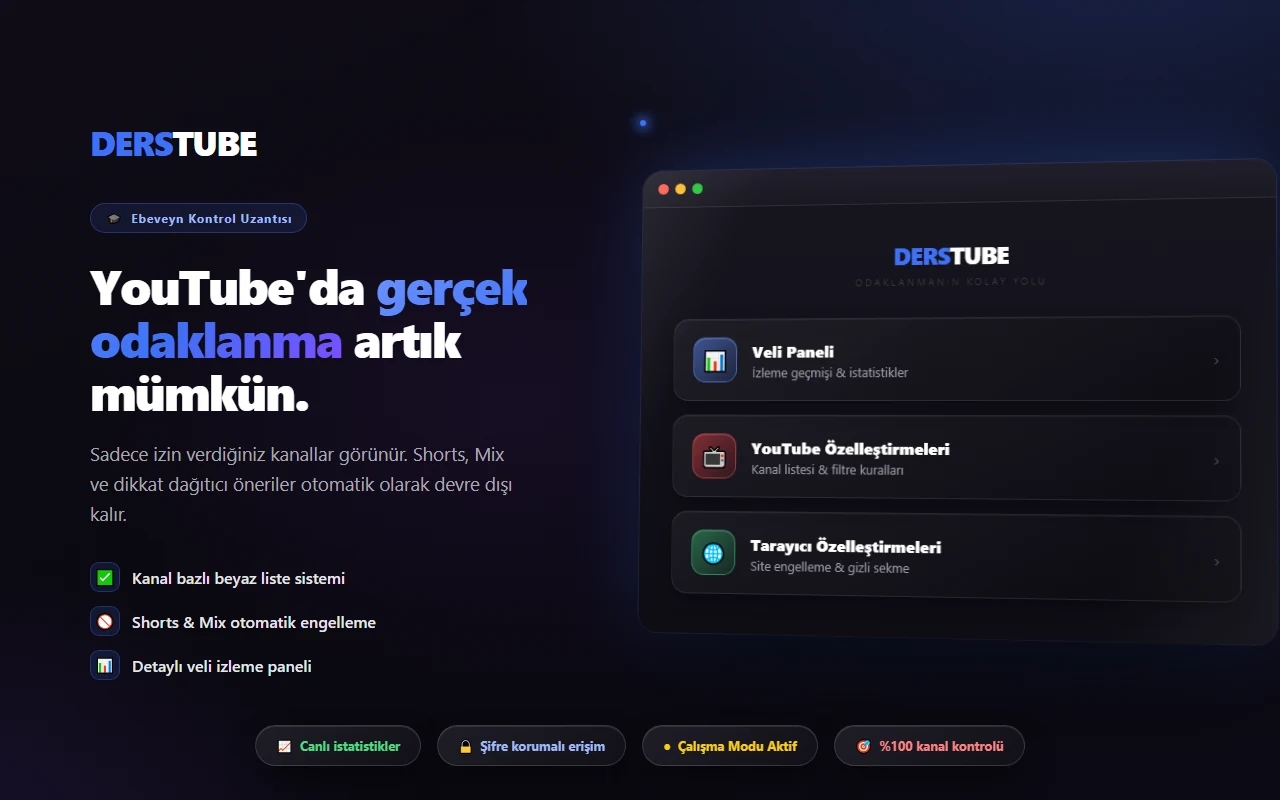 DERSTUBE kontrol panelinde üç bölüm: Veli Paneli, YouTube Özelleştirmeleri ve Tarayıcı Özelleştirmeleri.
