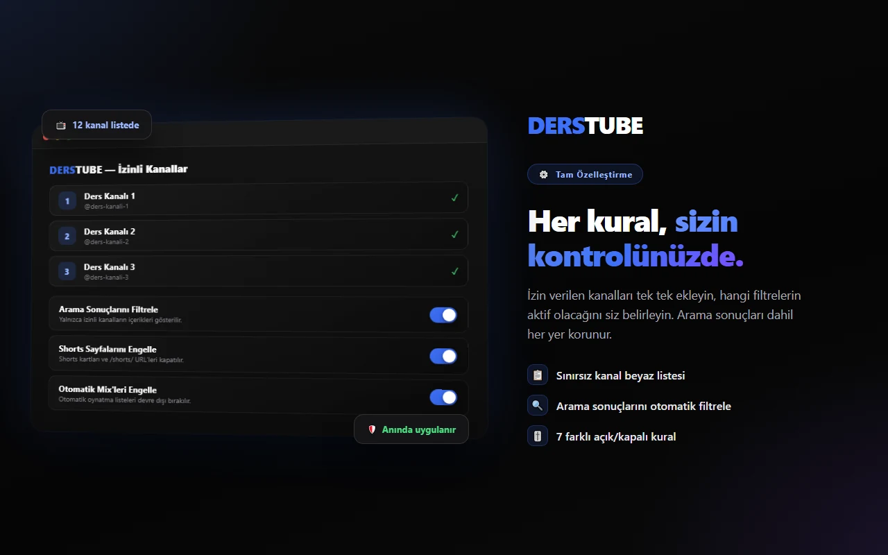 İzinli kanal listesi ve arama filtresi, Shorts engelleme, otomatik Mix engelleme kurallarının açık/kapalı düğmeleri.